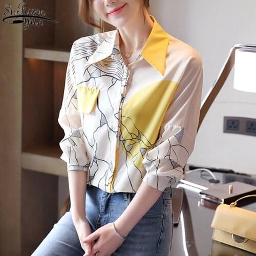 Fashion Floral Silk Shirt Korean Printed Womens Retro National Style Yellow Silk Long Sleeve Office Lady Style Top Female 10740