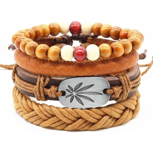 4pcs/set Handmade Fashion Vintage Punk Wood Bead Maple Leaf Charm Female Femme Homme Male Men Leather Bracelet For Women Jewelry