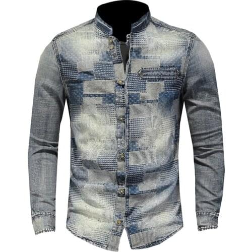 Mens Blue Brand Denim Shirt Long Sleeve Casual Classic Stand Collar Vintage Punk Shirts High Quality M-3XL