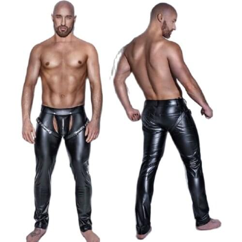New Exotic Clothing Open-Seat Pants Mens Patent Leather Leggings Faux Leather Trousers Patent Leather Hollowed-Out Split Pants