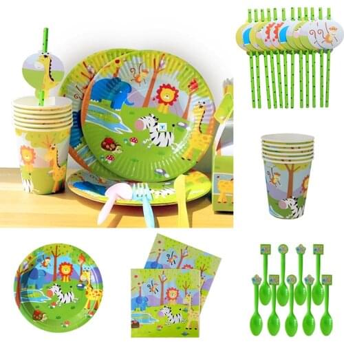 Party Supplies Straws Animal theme Disposable Tableware Set Kids Birthday Party Decoration Jungle Party