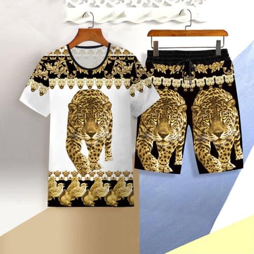 New summer mens sportswear suit mens 3D tiger short-sleeved casual slim T-shirt shorts Chinese dragon printed sports suit