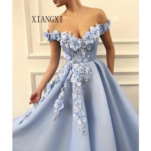 Charming Blue Evening Dresses 2020 A-Line Off The Shoulder Flowers Appliques Dubai Saudi Arabic Long Evening Gown Prom Dress