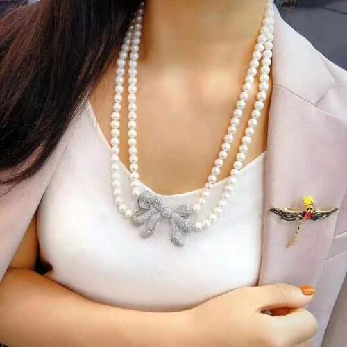 Hand knotted 70-75cm 7-8mm white freshwater pearl butterfly micro inlay zircon accessories necklace