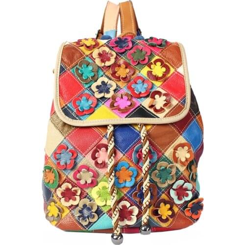 National Genuine Leather 3D Applique Flower Luxury Designer Handbag Backpack Womens Bolsa Feminina Mochilas Female Womens Bag