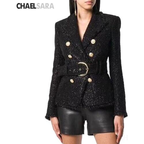High Quality Black Sparkle Blazer 2019 Newest Runway Design Blazer Feminino Elegant Double Breasted Lacing Belt Blazer Women