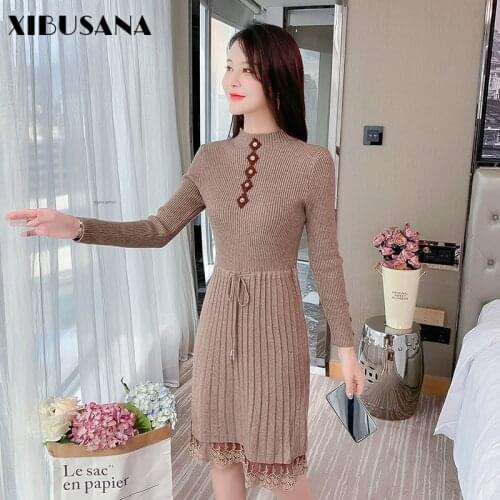 XIBUSANA 2020 Autumn Half Turtleneck Knitting Cotton Lacing Dress Casual Solid High Waist Long Sleeve Lace Slim Mid Calf Dresses