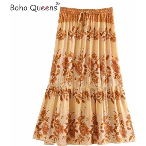 Boho Queens Hippie women floral peacock printed High Elastic Waist beach Bohemian skirt ladies Midi A-Line Boho skirt