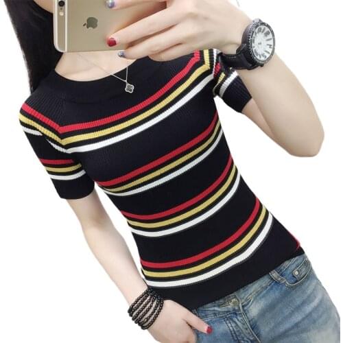 Ice silk bottoming shirt womens 2021 spring new striped t-shirt womens short-sleeved slim knit thin section