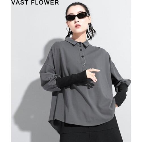 Black Plus Size T-Shirt Women Lapel Long Sleeve Spliced Loose Casual Vintage T Shirts Tops Fashion Clothes Spring Autumn 2021