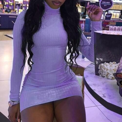 Women Long Sleeve Turtleneck Solid Color Ribbed Knit Bodycon Mini Sweater Dress