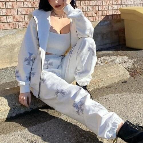 Women Goth Punk Zip Up Hoodies Jacket Cross Rhinestone Baggy Pants Joggers Hip Hop Oversized Sweatshirt Coat Loose Sweatpants St