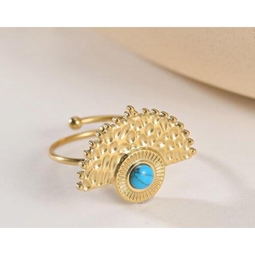 Vintage Stainless Steel Geometric Opening Rings For Women Statement Adjustable Blue Stone Finger Rings Engagement Jewelry Gift