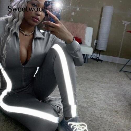 Women Jumpsuit Yoga Outfit Reflective Sports Tracksuit Long Sleeve Zipper Leggings Jumpsuit Bodycon Gym Fitness Running Clothes
