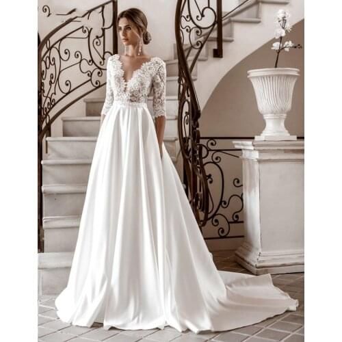 V-Neck Satin A-Line 2021 Bridal Gown Autumn New Vintage Simple Long Sleeve Lace Wedding Dresses vestido de novia