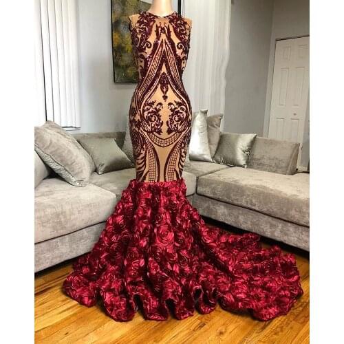 African Black Girl Long Prom Dress Real Picture Sleeveless Sparkly Sequin Top 3D Flowers Burgundy Mermaid Prom Dresses 2020