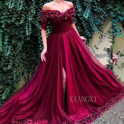 Hot Sale Burgundy Evening Dresses Long Sheers A-Line Off The Shoulder High Split 3D Muslim Evening Dress Vestido de festa abendk