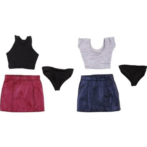 1/6 Girls PU Leather Skirt Dress+Sleveless Shirt+Briefs for Phicen 12'' Action Figure Doll