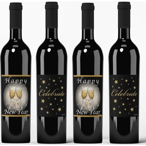 Omilut 12pcs Wine Labels Happy New Year Wine Labels Black Gold Star Wine Label Decor Merry Christmas Mineral Water Bottle Label