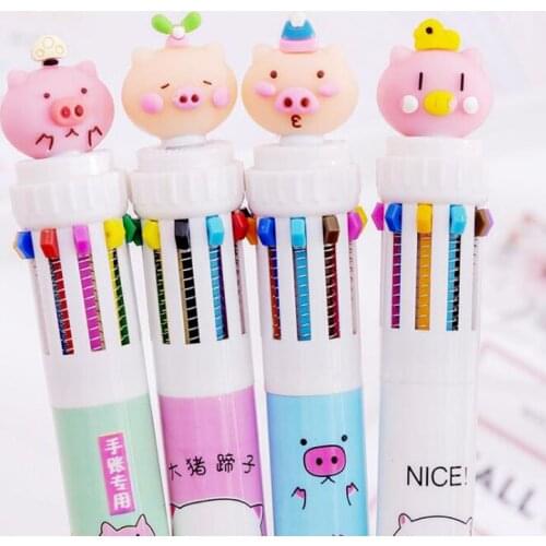 2pc 10 Color Pen Kawaii Pig Ten Colors Ballpoint Color Multi-Function Pen Stationery Small Student Office And School Supplies