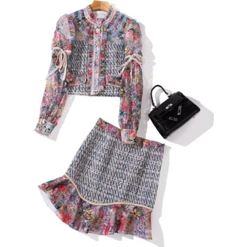 2021 Autumn New Set Women Lace Patchwork Tweed Top+High Waist Ruffles Mini Skirt Ladies Elegant Suit