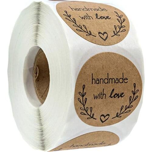 500pcs Natural Handmade With Love Kraft Paper Stickers Round Adhesive Labels Baking Scrapbooking Wedding Party Favors