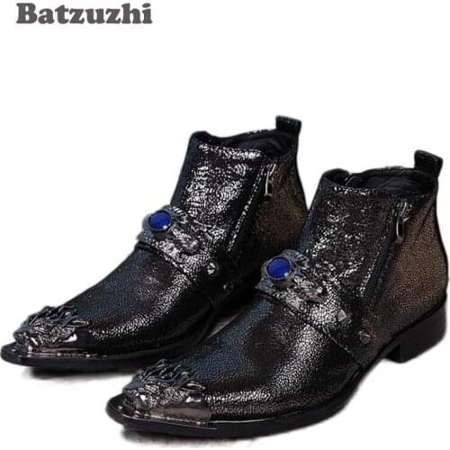 Batzuzhi Luxury Boots Men Black Leather Dress Ankle Boots Metal Pointed Toe Decoration Blue Diamond Party/Runway Short Boots Men