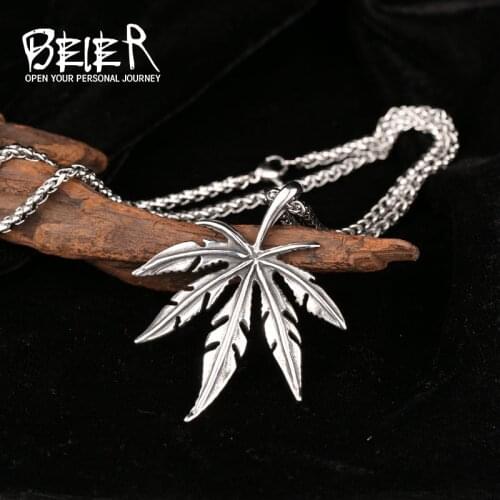 Beier Stainless Steel Leaf Pendant Chain Necklace men Jewelry LLBP8-502P