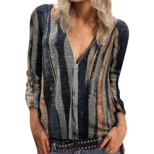 Fashion Blouses Womens Tops And Blouses Women V-neck Zipper Stripe Printing Long Sleeves Blouses Tops Blusas Mujer De Moda 2021