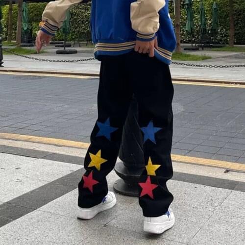 Colorful Stars Embroidery Streetwear Casual Denim Trousers for Men and Women Straight Spliced Ripped Oversize Jeans Pants