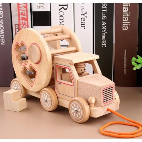 Wooden Pull Along Car Geometric Shape Matching Building Block Education Kids Toy
