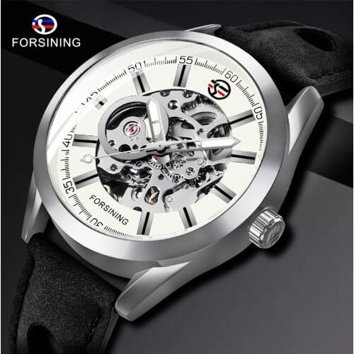 Forsining Silver Case Steampunk Automatic Wrist Watch Mens Skeleton Watches Top Brand Luxury Uhren Men Genuine Leather Clock