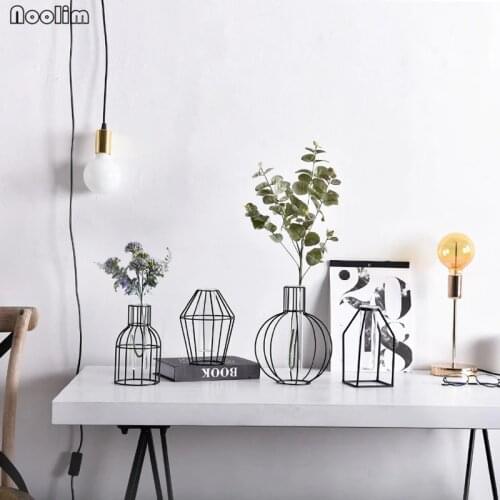 NOOLIM Nordic Style Geometric Glass Scindapsus Hydroponic Vase Dried Flower Fake Flower Iron Vase Living Room Table Decoration