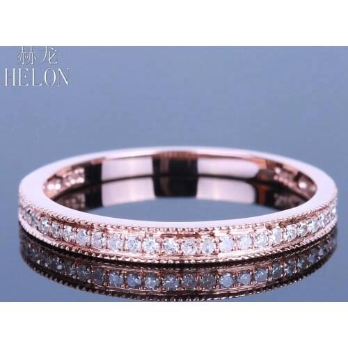 HELON Solid 14K Rose Gold Certified Round 0.15ct Natural Diamonds Ring Women Engagement Wedding Band Ring Trendy Fine Jewelry