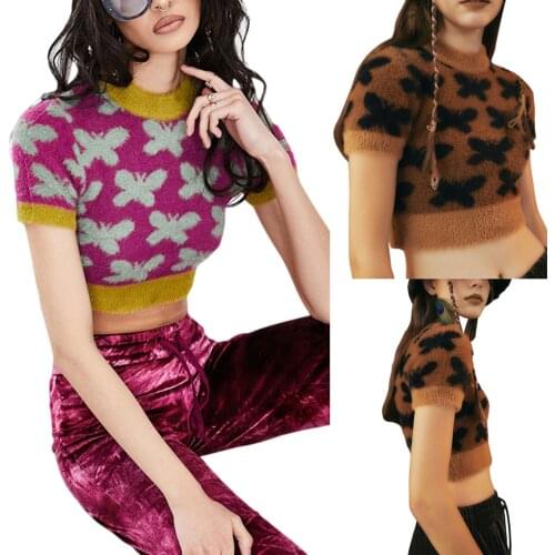 Womens Crew Neck Crop Tops,Female Short Sleeve Butterfly Print Slim Fit Fuzzy Knit T-Shirts