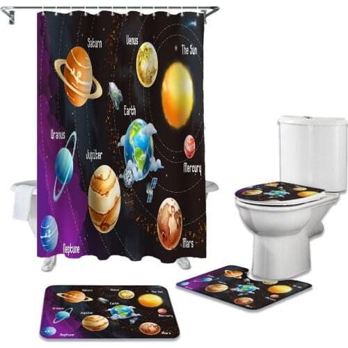 Cartoon Solar System Bathroom Curtain Set Bath Mat Sets Shower Curtains with Hooks Non-Slip Pedestal Rug Toilet Cover