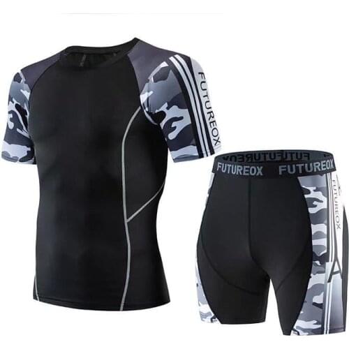 Mens Sport Running Set Compression T-Shirt + Pants Skin-Tight Short Sleeves Fitness Rash guard Training Clothes Gym Yoga Suits