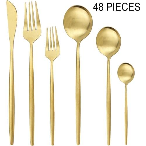 48Pcs/8Set Gold Cutlery Set Stainless Steel Dinnerware Set Matte Flatware Dessert Fork Spoon Silverware Set Kitchen Tableware