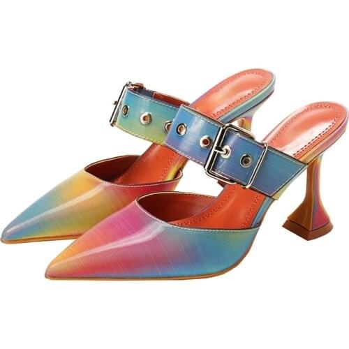 New Pointed-Toe Slippers Womens Rainbow Color Side Buckle Sandals All-Matching Buckle Sandals Women Wedge Sandals
