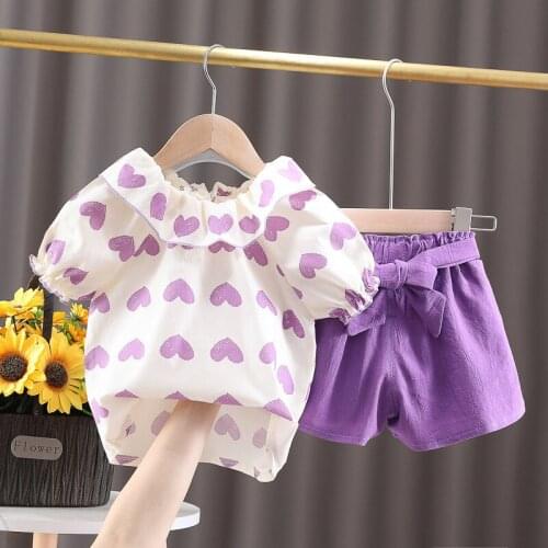 Baby Girl Clothes Summer Sweet Princess Polka Dot Printing Puff Sleeves Doll Collar Short Sleeves Pants Toddler Girls Outfits