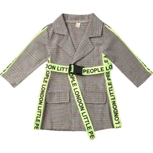 Autumn Winter Coats Toddler Kids Baby Girl Clothes Fashion Belted Plaid Print Trench Jacket Formal Outwear Windbreaker 0-5Y