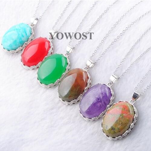 Natural Stone Pendants With Chain For Girls Women Jewelry Gift Jades Agates Opal Beads Egg Shape Dangle Reiki 45cm QBN329