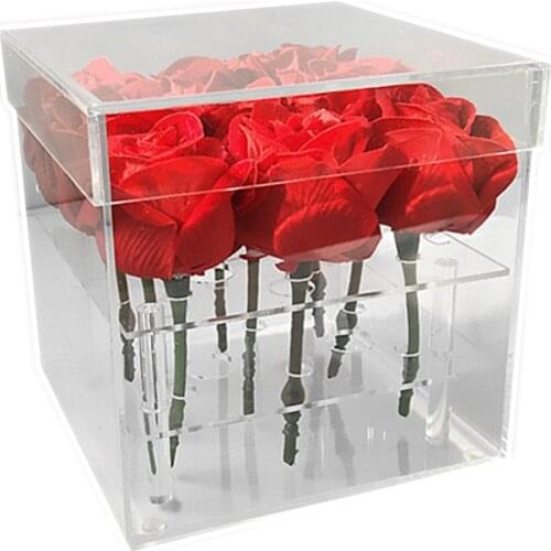 Clear Acrylic Flower Box Water Holder Vase Decorative Square Rose Pot Wedding Flower Gift Box Makeup Organizer, 9 Holes