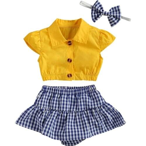 0-24M Newborn Baby Girl Fly Sleeve Turn Down Collar Shirt Tops Plaid Skirt Shorts Bottom Headband 3PCS Outfit Summer Clothes Set