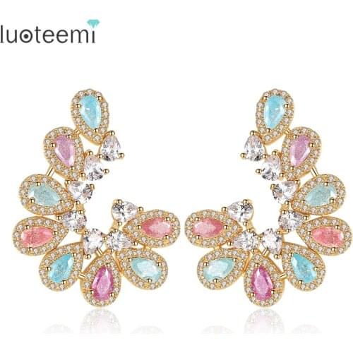LUOTEEMI Luxury Ear Accessories Multi Ice Zirconia Formed Brilliant Flower U Shape Stud Earrings for Women Wedding Birthday Gift