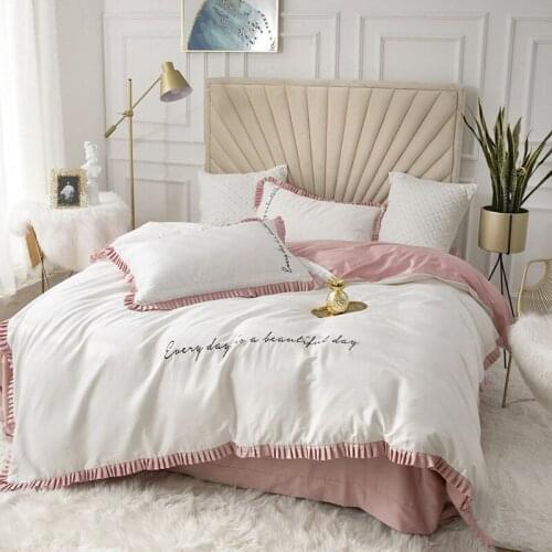 Luxury 100% Cotton Bedding Set Pink Princess Bedding For Queen Bed Linen Ruffle Lace Duvet Cover Quilt Cover Set