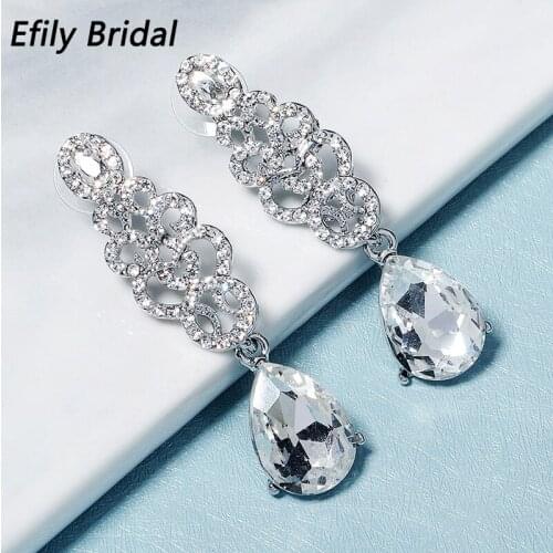 Efily Fashion Crystal Water Drop Earrings for Women Accessories Luxury Rhinestone Silver Color Long Earring Party Jewelry Gifts