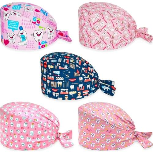 Pure Cotton Scrub Cap Anime Printing Adjustable Working Nursing Hats Beauty Salon Lab Dentist Clinic Pet Shop Working Scrubs Hat