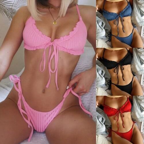 Sexy Ribbed Micro Bikini Set 2021 Ruffles Halter Swimsuit Female Solid Bikinis Push up Swimwear Women Tie Side Bathing Suit
