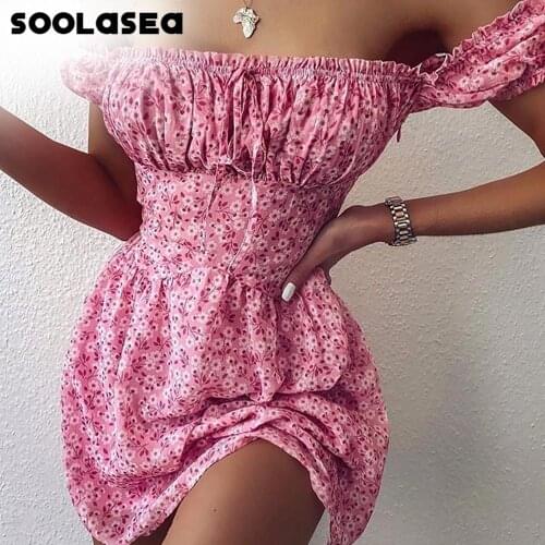 Soolasea Fashion Women Dress 2021 Short Sleeve Floral Dress Sexy Off Shoulder Beach Mini Summer Dresses Casual Party Vestidos